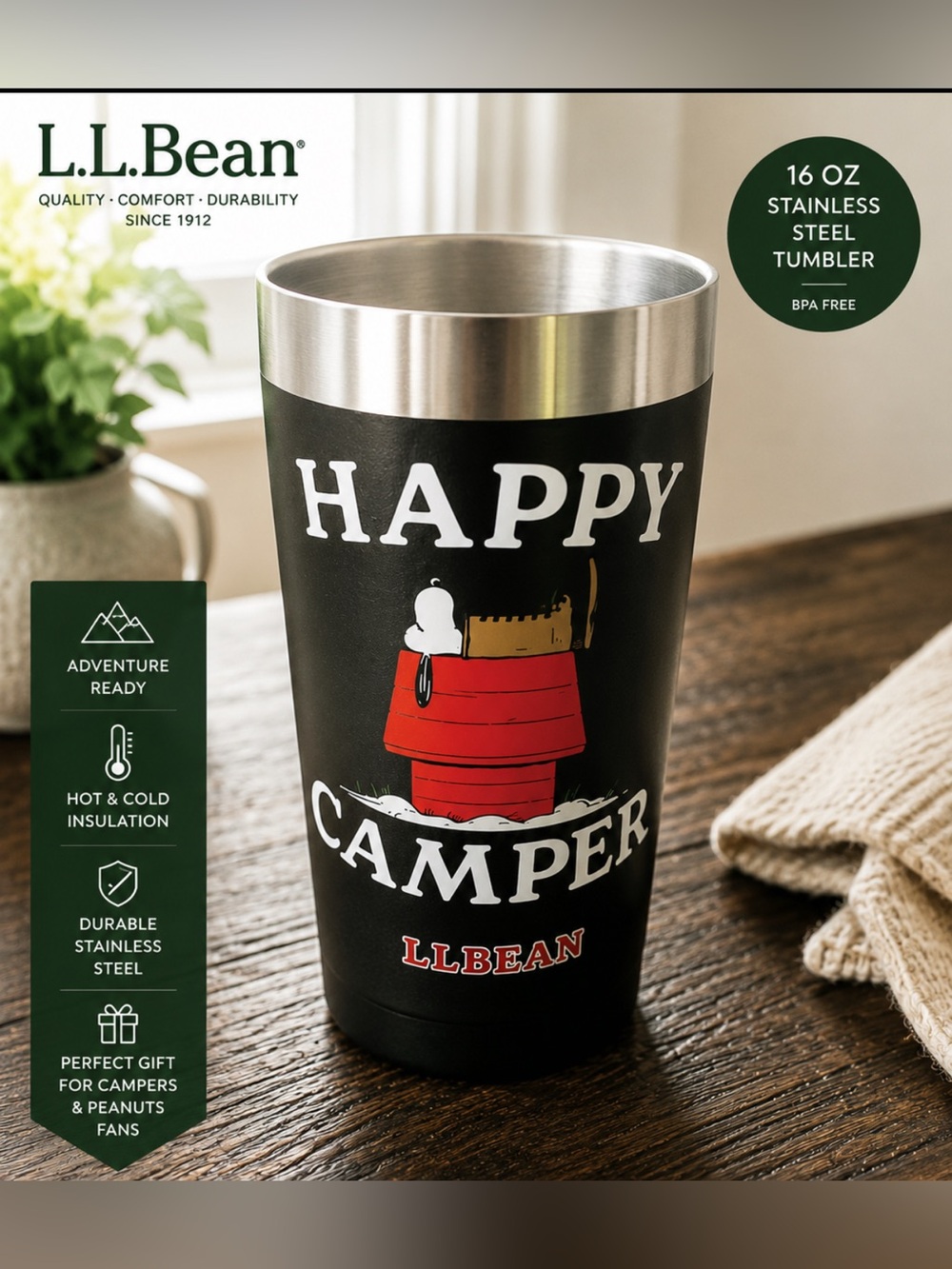 L.L.Bean Peanuts Happy Camper 16-oz stainless steel tumbler